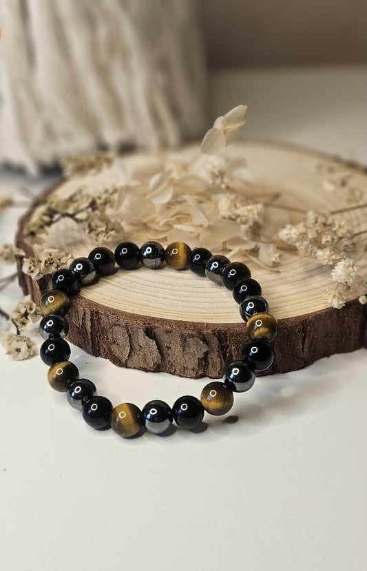 Heilsteinarmband Tigerauge-Hämatit-Obsidian